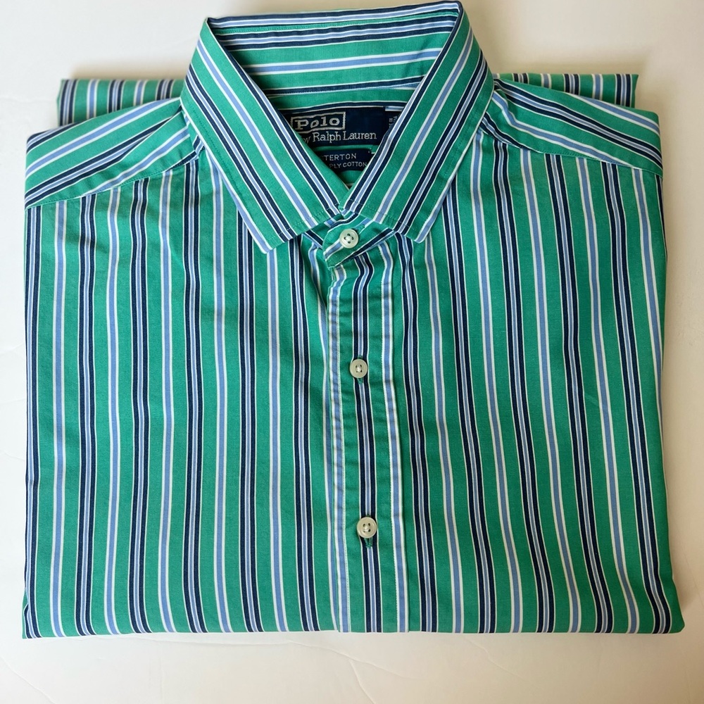 Polo Ralph Lauren men’s button down shirt,green & blue strips100%two-ply cotton
